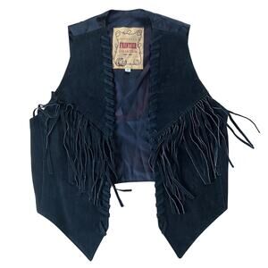 Frontier Collection Vest Womens M Black Lined Fringe Twill Lace Up Casual